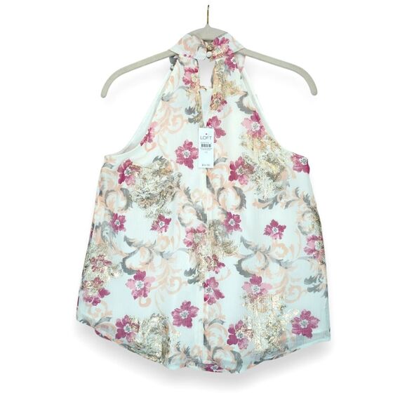 NWT LOFT Sleeveless Shimmer Floral Twist Halter Top Size XS ~ Women's MSRP $55 - Picture 2 of 10